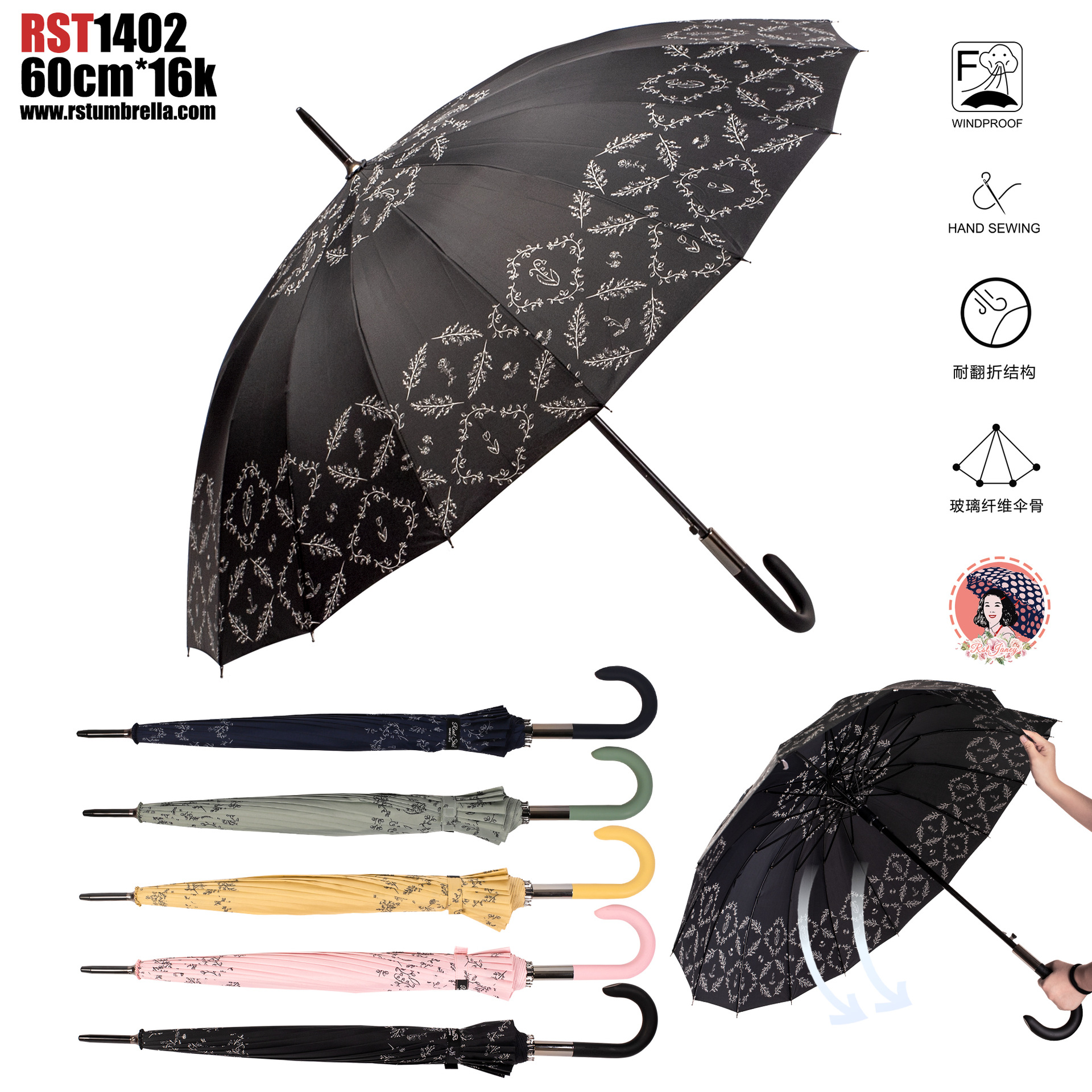 23寸16骨长伞彩色印花图案小碎花欧洲雨伞出口外贸货详情19