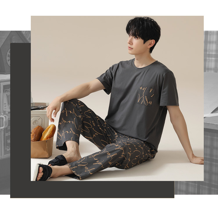 Summer pure cotton pajamas for men, cartoon casual short-sleeved shirts and long pants, pure cotton comfortable home wear, summer youth student set pic 102