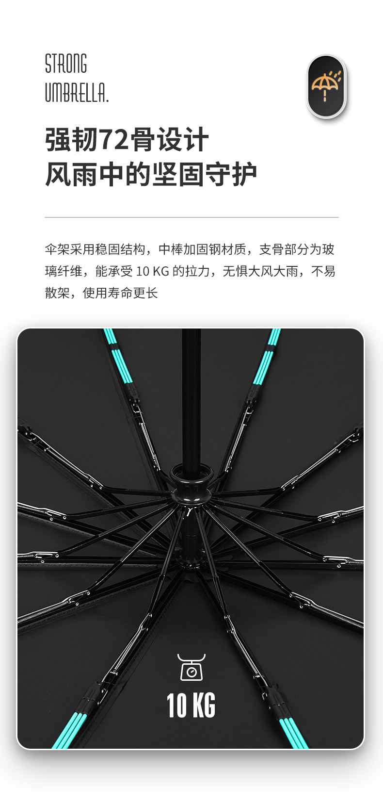 72骨全自动雨伞男大号三人折叠黑色商务高档木柄遮阳伞定制广告伞详情13