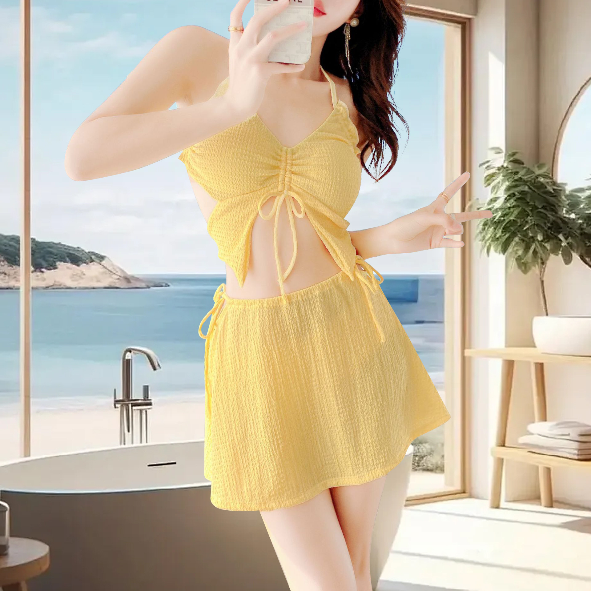 纯欲风分体裙式泳衣女绑带吊带小胸聚拢纯色度假泳池比基尼套装-107041 pic 5