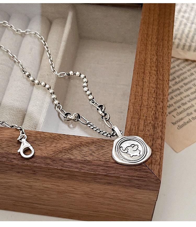 S925纯银复古圆牌小象图章项链女韩风高雅感毛衣链小众饰品精品详情8