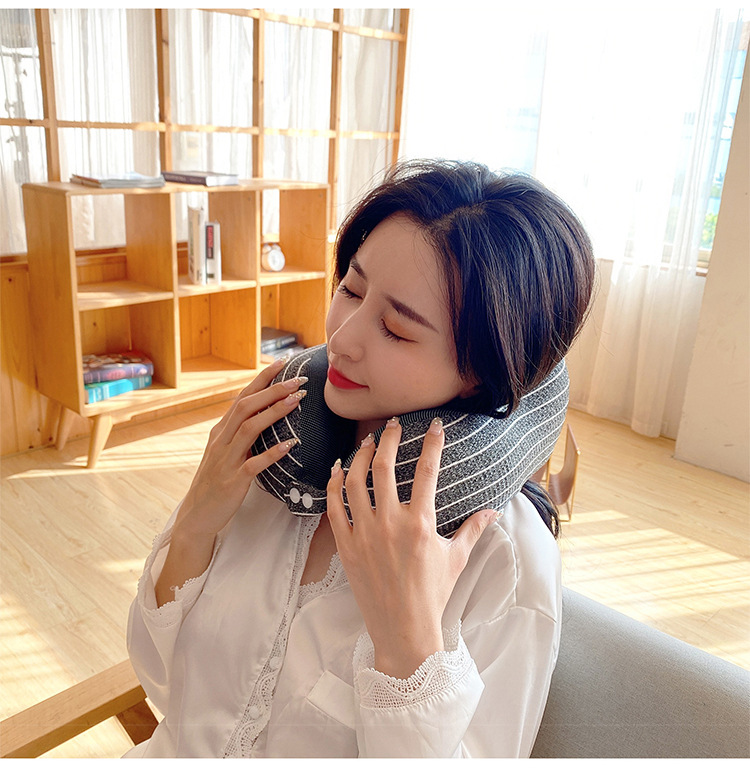 Travel rest airplane pillow, office nap neck protection pillow, striped magnetic fabric U-shaped prone pillow, can be stored pic 17