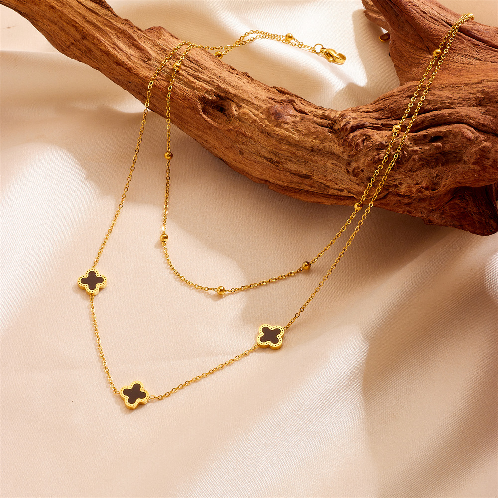 时尚钛钢四叶草双层手链项链套装 欧美不锈钢不掉色幸运项链手链详情5