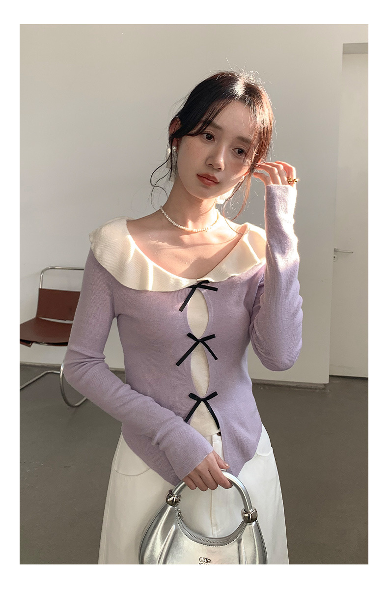 衣尔衫 设计感 假两件娃娃领蝴蝶结针织衫女短款温柔修身气质0337详情21