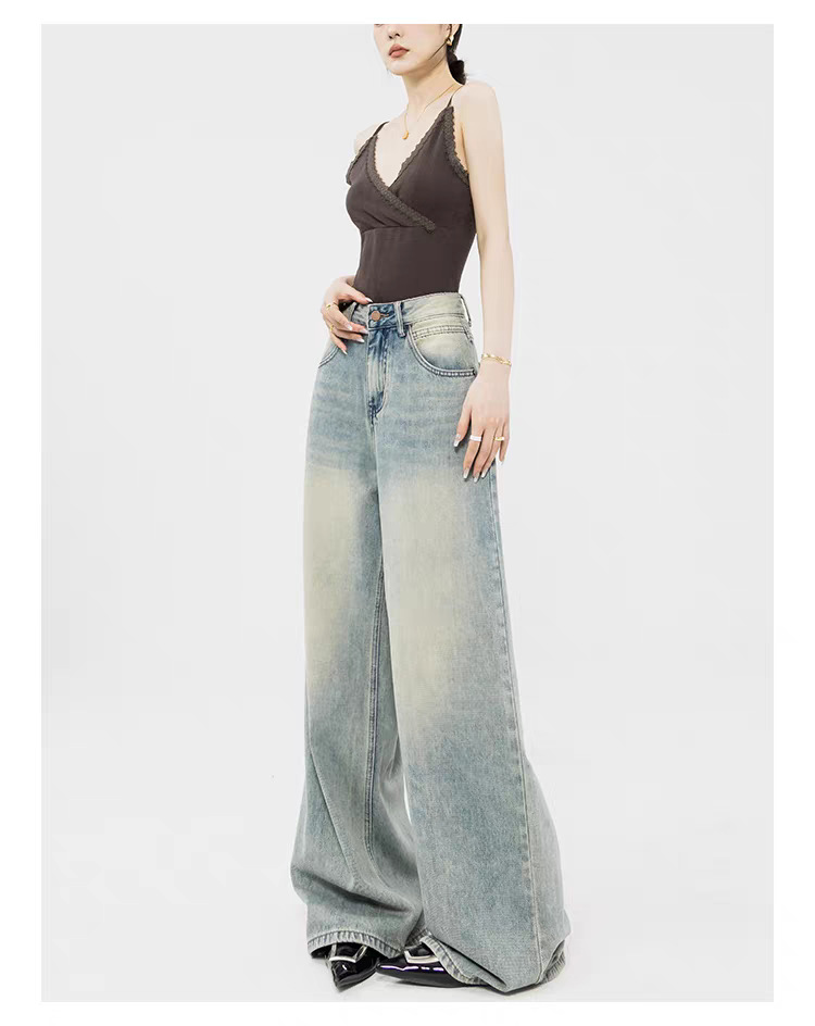 Custom-made retro light-colored straight-leg jeans with a high-waisted, loose design, floor-length wide-leg pants, suitable for all seasons pic 10