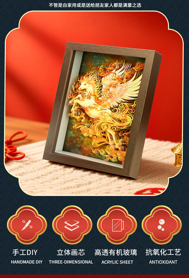 纸想造物中式古典九色鹿裸眼3D立体纸雕画马年摆件送亲朋国潮礼品详情4