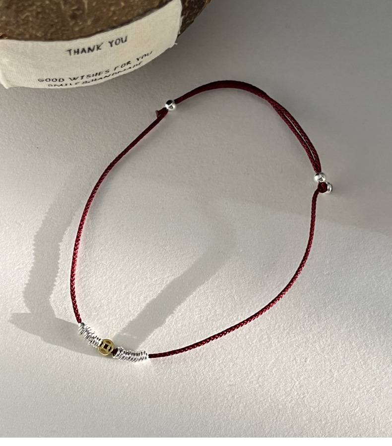 925纯银金银拼色钱币银圈红绳脚链女简约新中式设计脚裸链F4074详情6