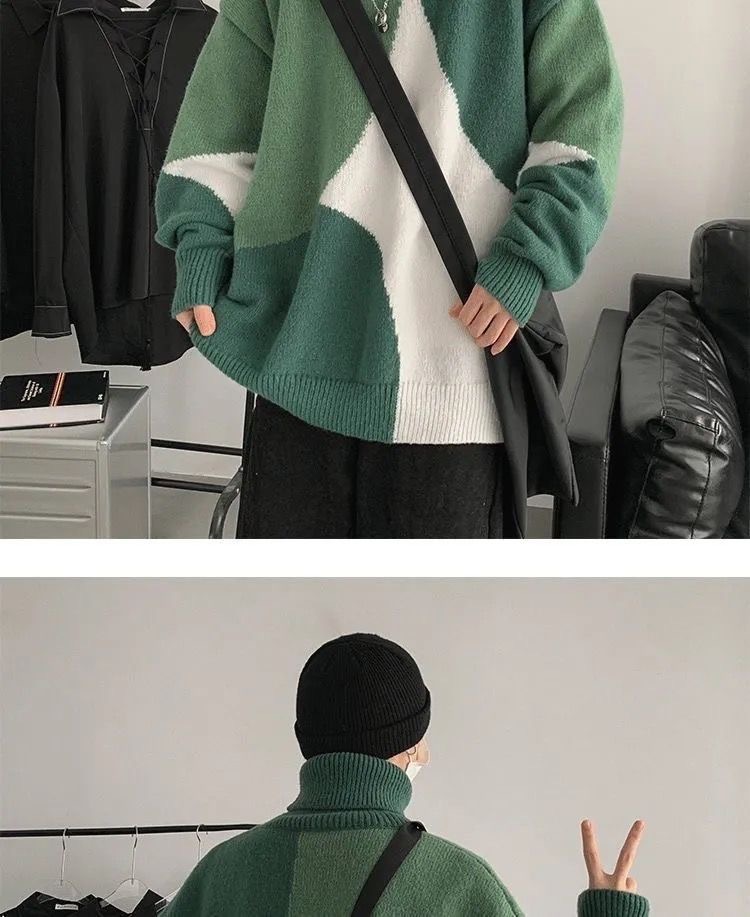 High-neck sweater for men, Hong Kong-style knitted sweater for both men and women, thick, trendy, loose and laid-back sweater for men in winter pic 8