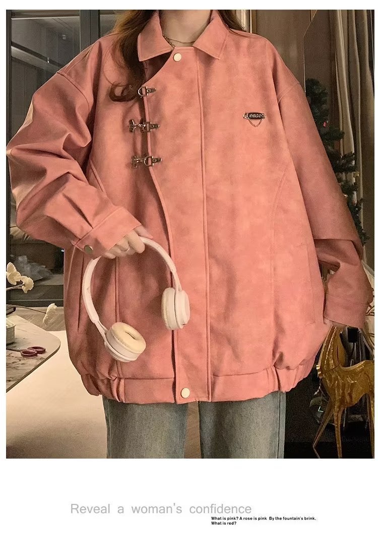 美式复古翻领外套女chic春秋潮流休闲宽松设计感PU皮学生夹克上衣详情13