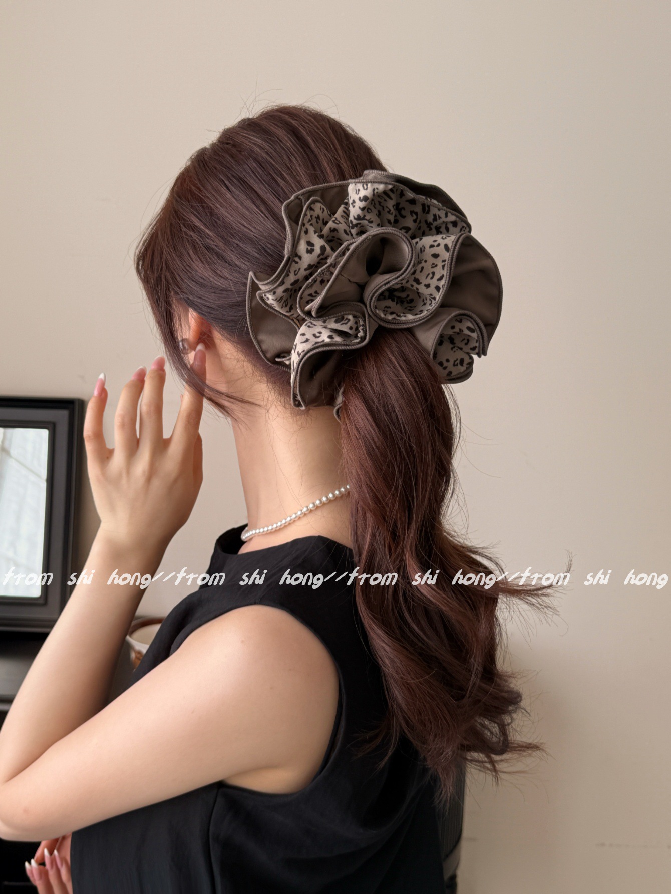 韩版四层锁边AB面双拼豹纹发圈气质百搭丸子头头花时尚发绳扎头绳详情12