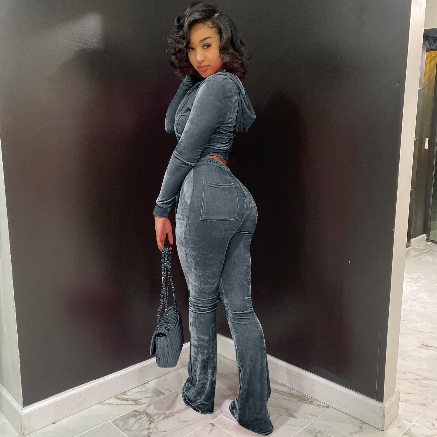 Solid color gold velvet wide-leg pants two-piece set pic 23