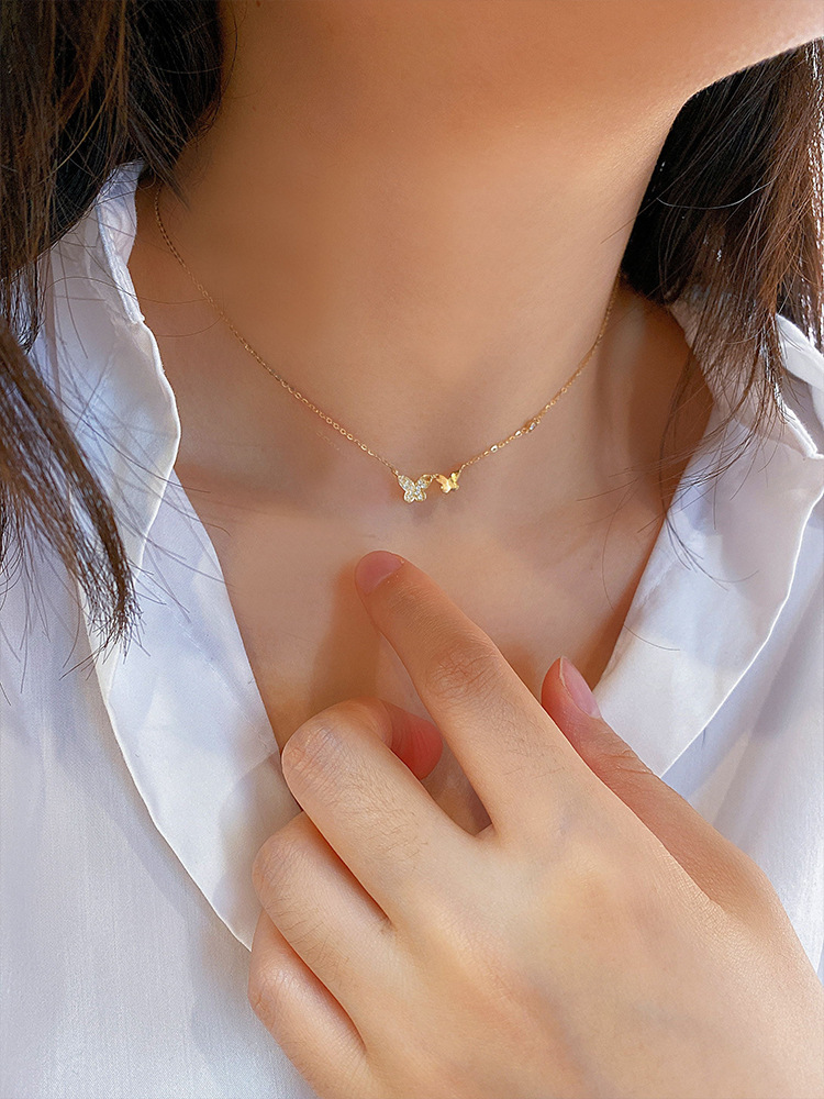 S925纯银双蝴蝶项链镶钻镀18K金ins轻奢气质高级感跨境热卖新款详情3