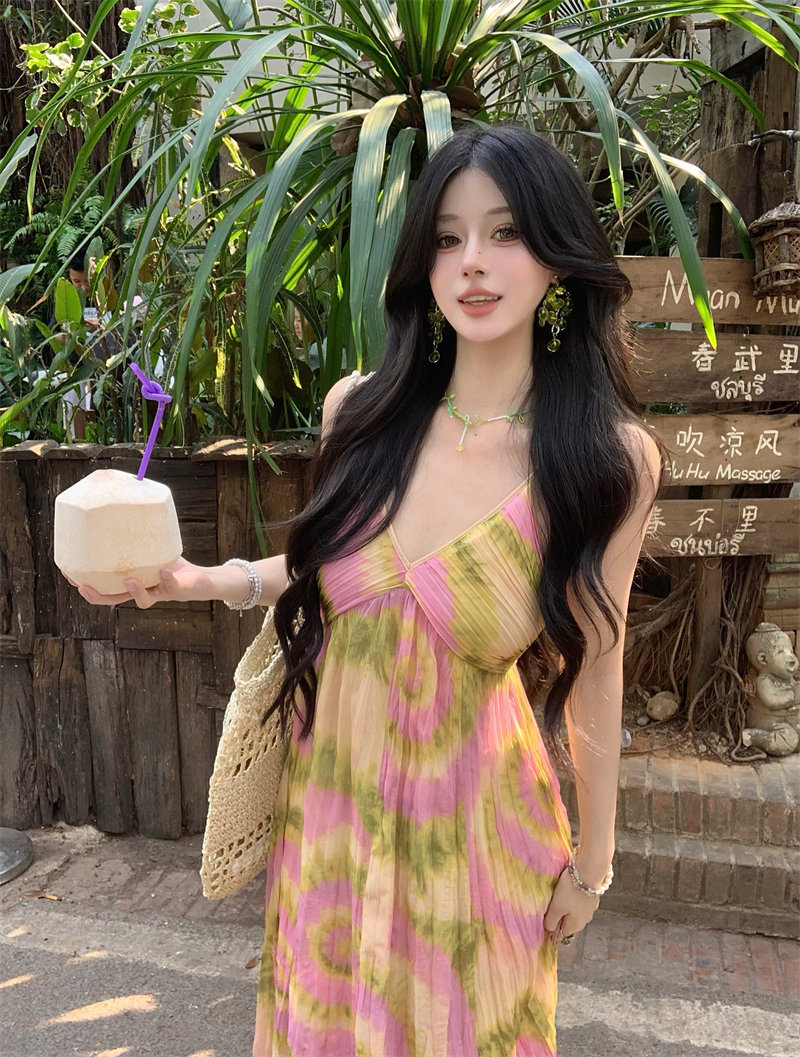 法式油画晕染黄色碎花吊带连衣裙泰国海边度假沙滩裙长裙女夏详情5