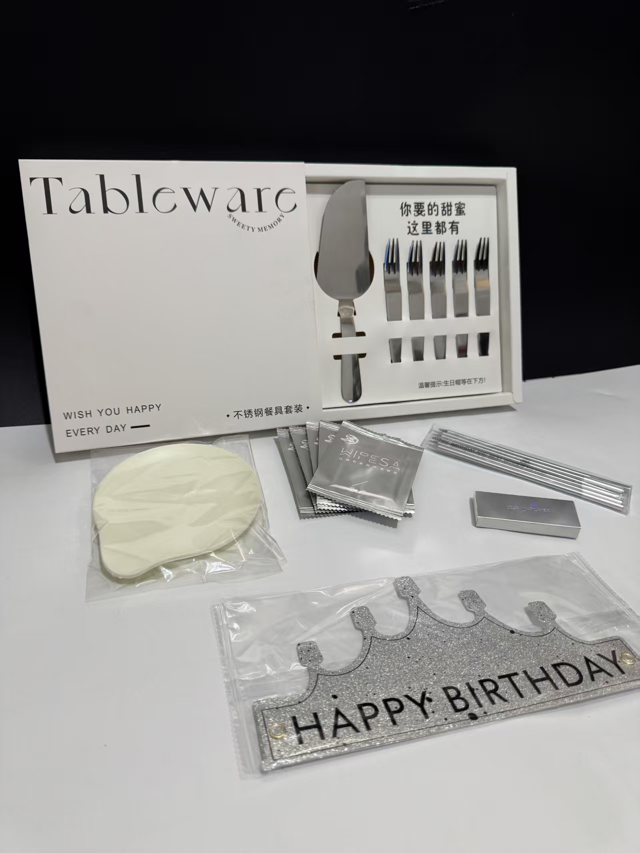 生日蛋糕不锈钢餐具刀叉盘蜡烛火柴湿巾折叠帽七件套礼盒套装餐具详情1