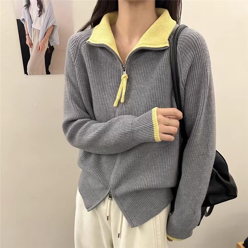 半拉链针织开衫外套女2025秋冬新款立领毛衣女高级感韩系女式上衣详情2