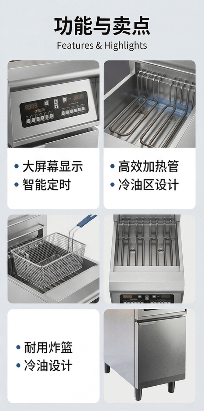 Kaiping vertical electric fryer, commercial electric heating large capacity deep fryer, fried chicken machine, single cylinder and double cylinder constant temperature oil stick machine pic 5