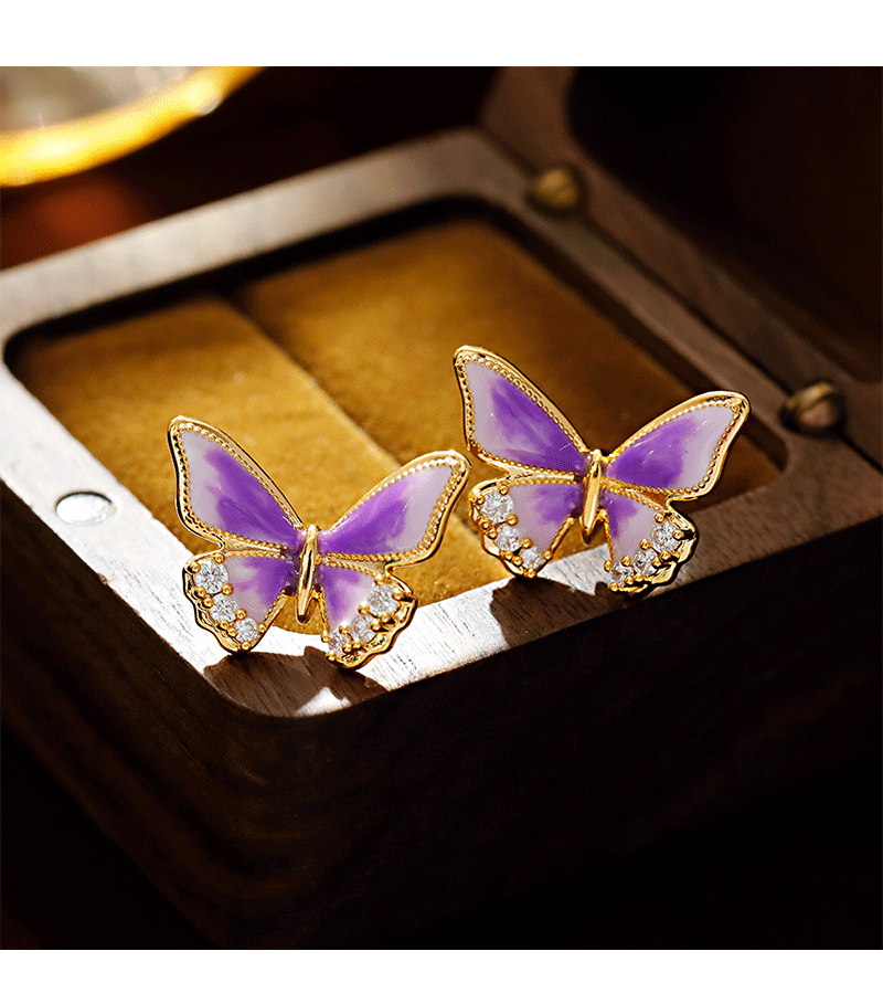 Hyacinth original design enamel drop glaze taro purple butterfly stud earrings ins Small, elegant, sweet and light luxury commuter earrings for women pic 5