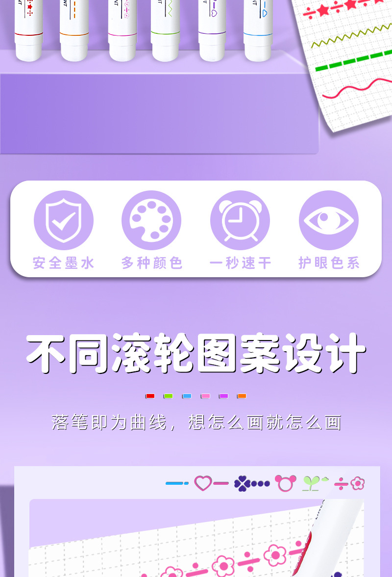 花型轮廓笔学生手账曲线笔多功能双头滚轮笔波浪标记手账荧光笔详情3