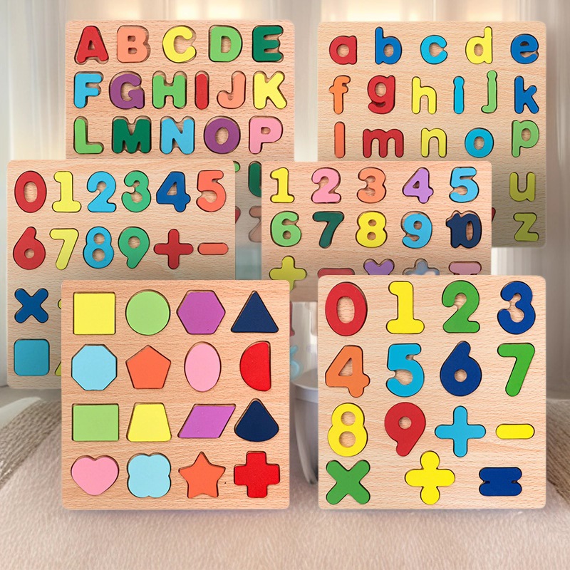 Wooden digital letter shape recognition matching puzzle board, educational early childhood toys, digital building blocks pic 1