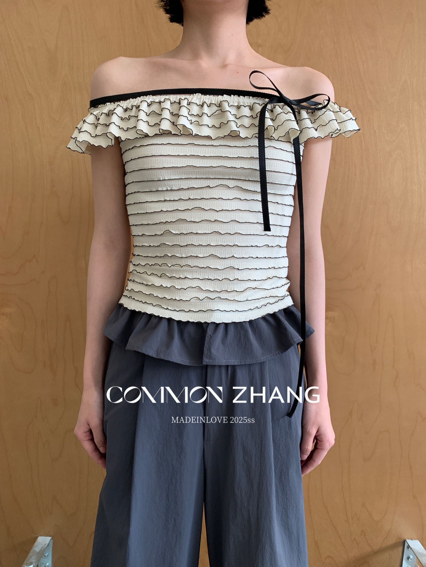 CZ ZHANG Summer French lace one-shoulder off-the-shoulder, contrasting color striped waist-cinching slim shirt B23795 pic 41