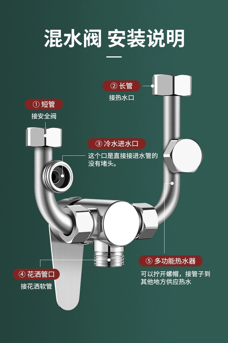 电热水器混水阀明装淋浴配件配大全冷热开关u型混合阀水龙头通用详情15