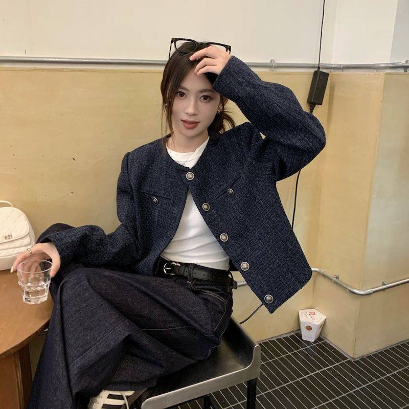 Navy blue short chanel-style coat for women, a new single-breasted retro high-end loose long-sleeved top for autumn and winter 2025 pic 4