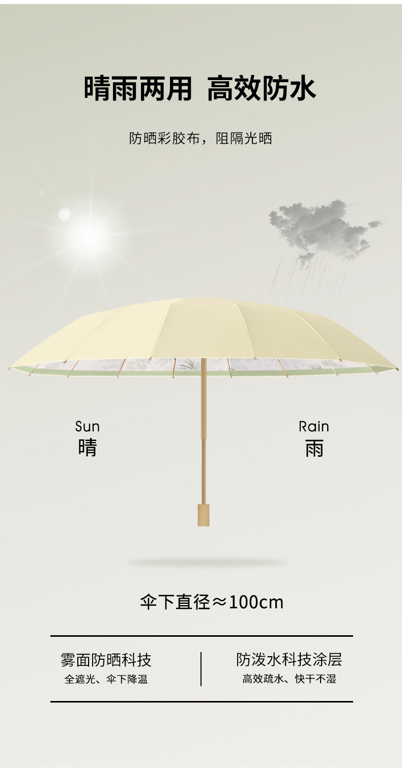 新款三折16骨手开彩胶晴雨伞实木手柄遮阳伞防晒太阳伞印logo现货详情15