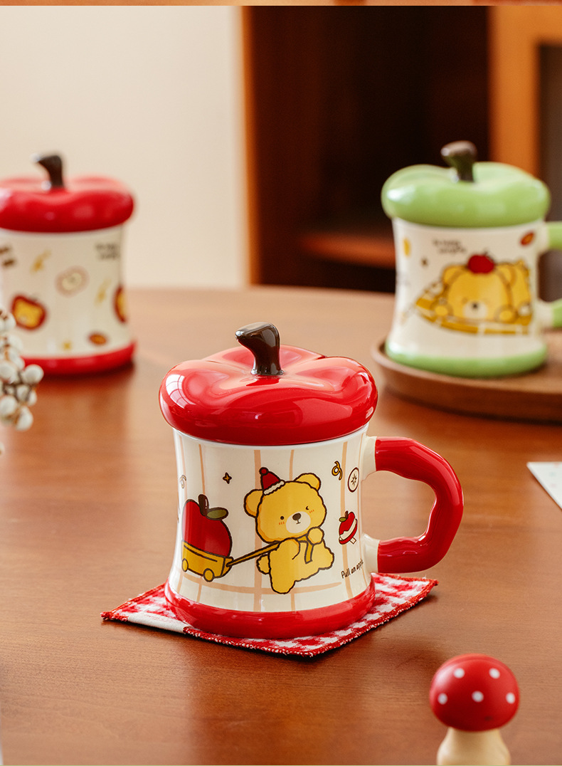 Creative covered ceramic cup, Apple Bear mug, Love Lover souvenir set, large capacity water cup with handle pic 2