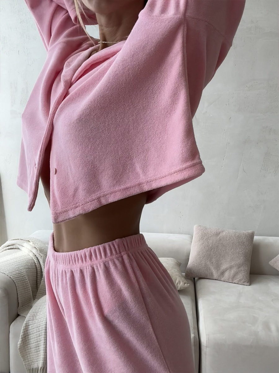 Cross-border pink fleece long-sleeved and long pants pajama set, European and American autumn and winter new cardigan pajamas, comfortable home wear for women pic 15