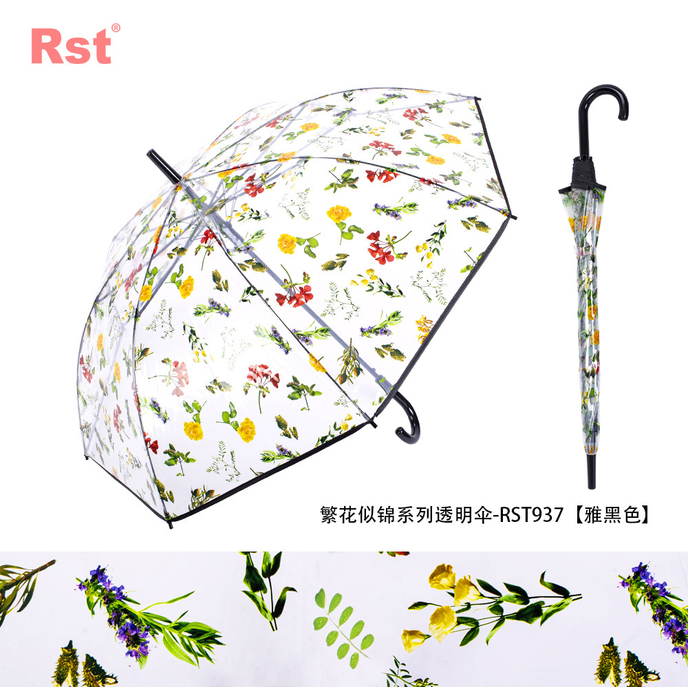 RST新品透明伞带图案富贵花朵成人塑料雨伞批发自动开彩色印刷伞详情10