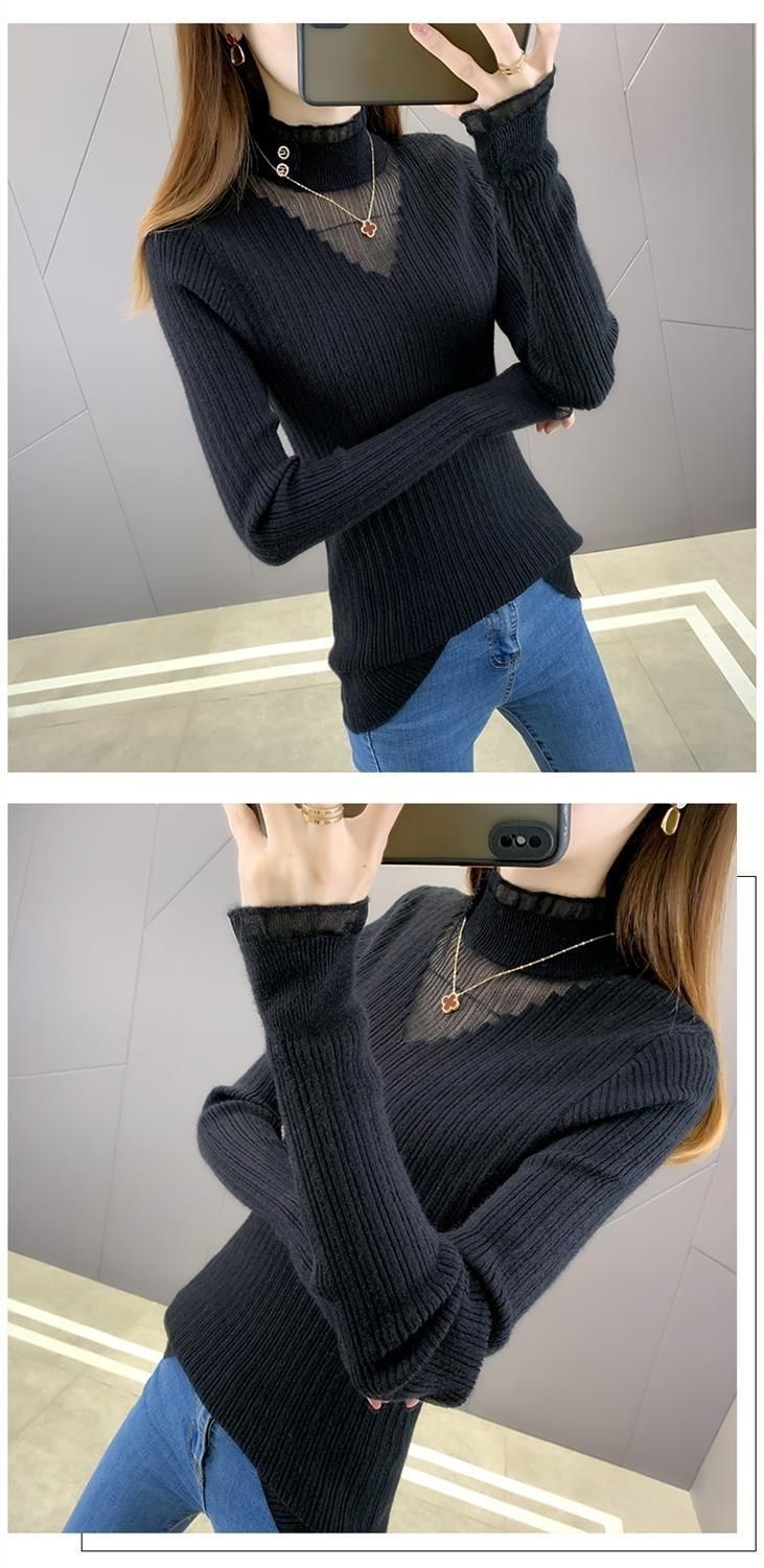A new, stylish long-sleeved sweater for women in autumn and winter, with a fitted lace knitted top and base layer pic 8