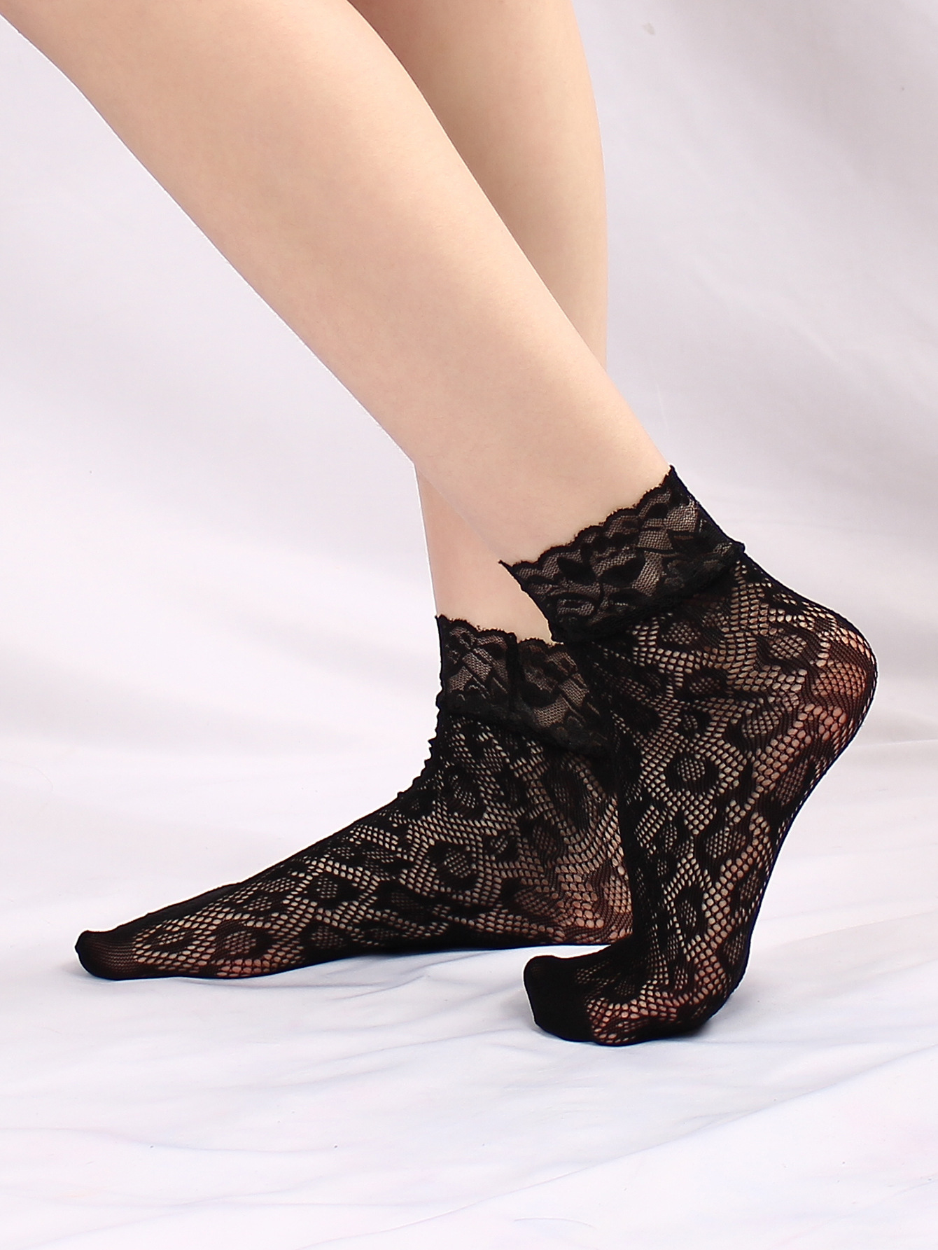 蕾丝边豹纹短网袜 黑色3