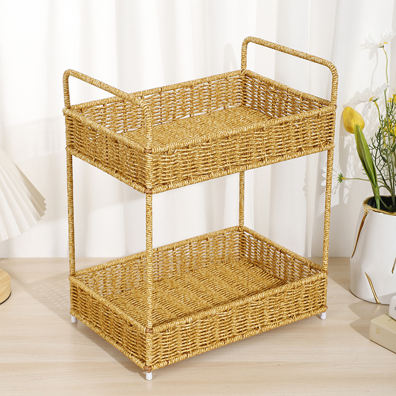 New rectangular double-layer fruit plate, fruit basket, bread basket and vegetable basket, purely hand-woven from Vietnamese rattan for home storage pic 2