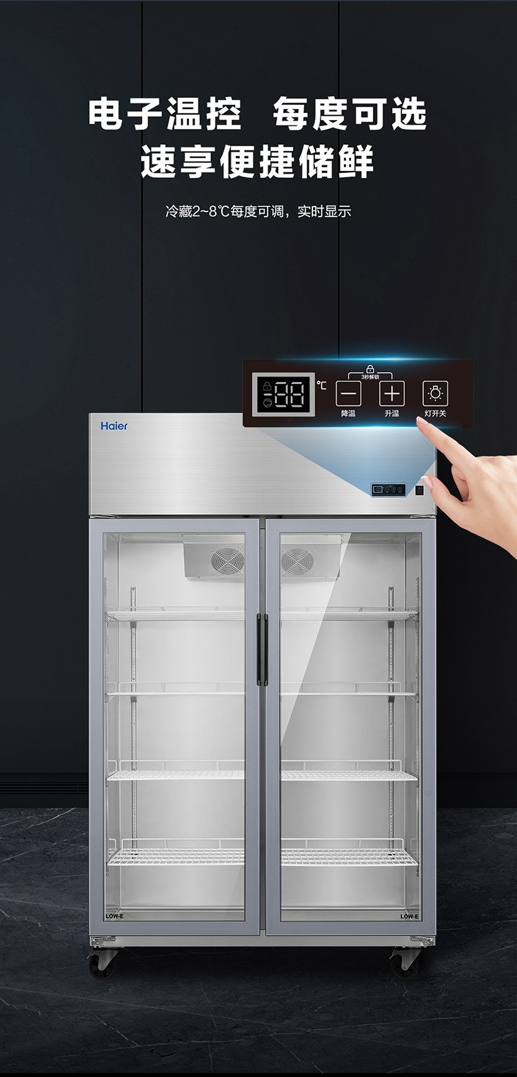 Haier glass door double-door freezer, commercial stainless steel refrigerated display cabinet, canteen, hotel, restaurant and kitchen fresh-keeping cabinet pic 4