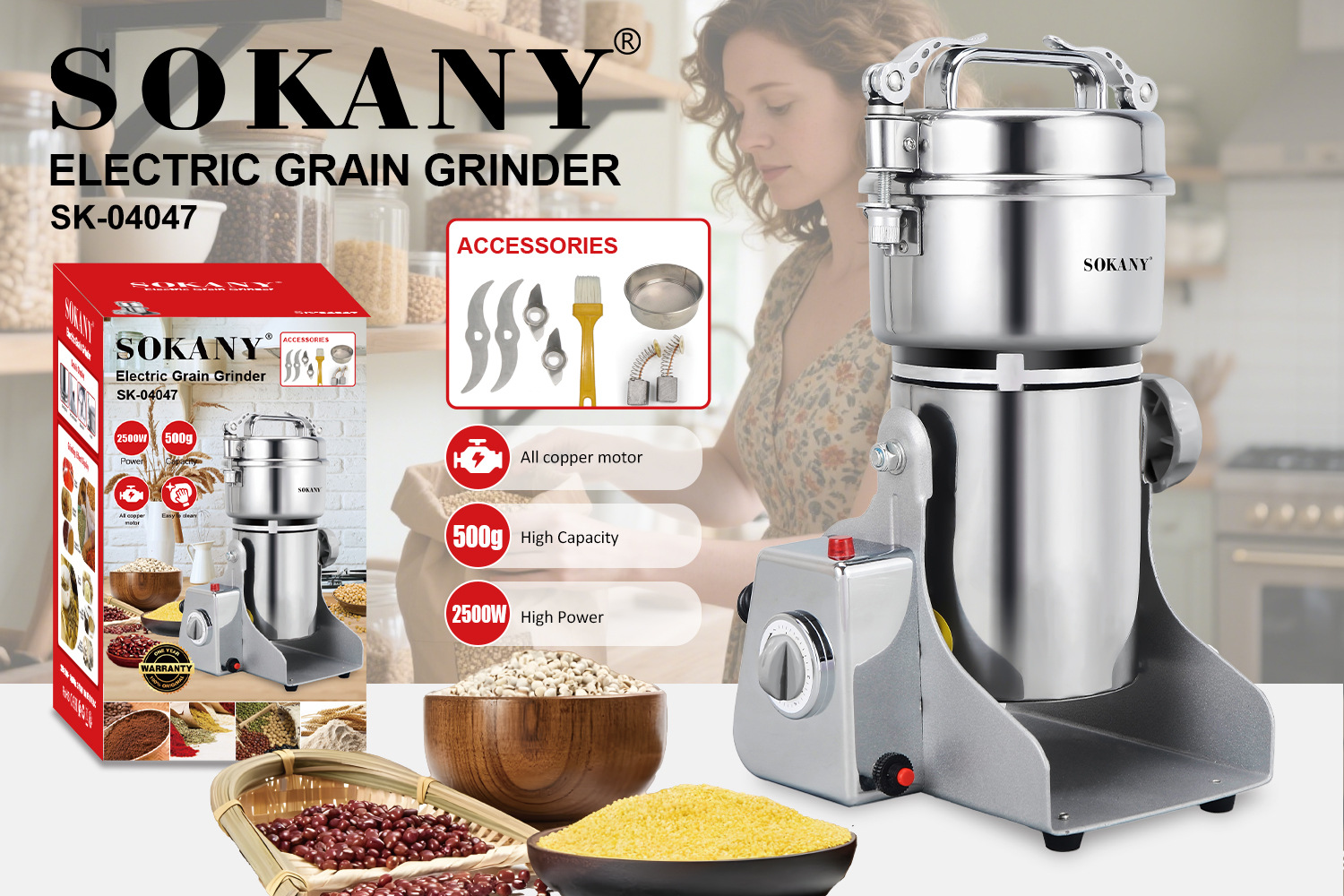 Cross-border SOKANY04047 bean grinder, household multi-functional grinding machine, five-grain and miscellaneous grain pulverizer, flour mill pic 2