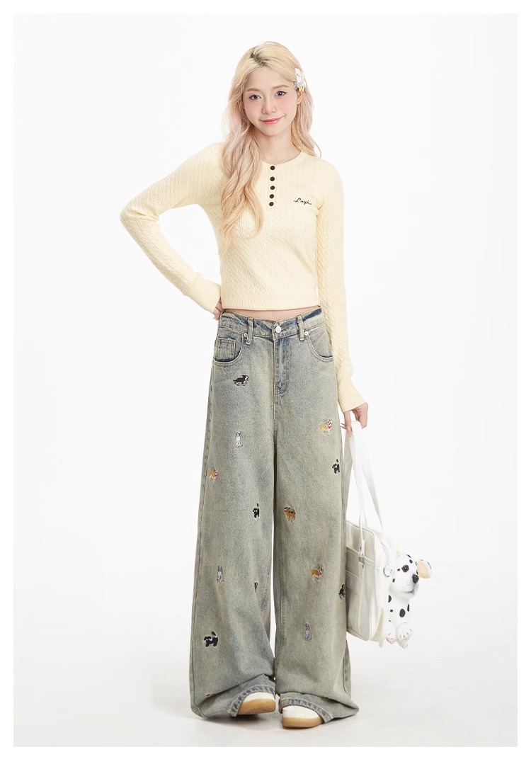 Light-colored high-waisted straight-leg jeans for women, 2025 new embroidered American retro washed wide-leg loose floor-length pants pic 14