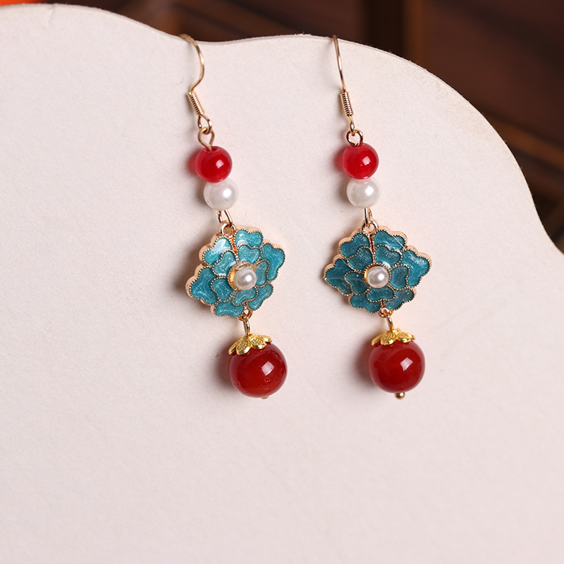 New Chinese-style national trend retro jewelry enamel niche 925 ear needle magnolia flower imitation Hetian jade ancient-style earrings pic 9
