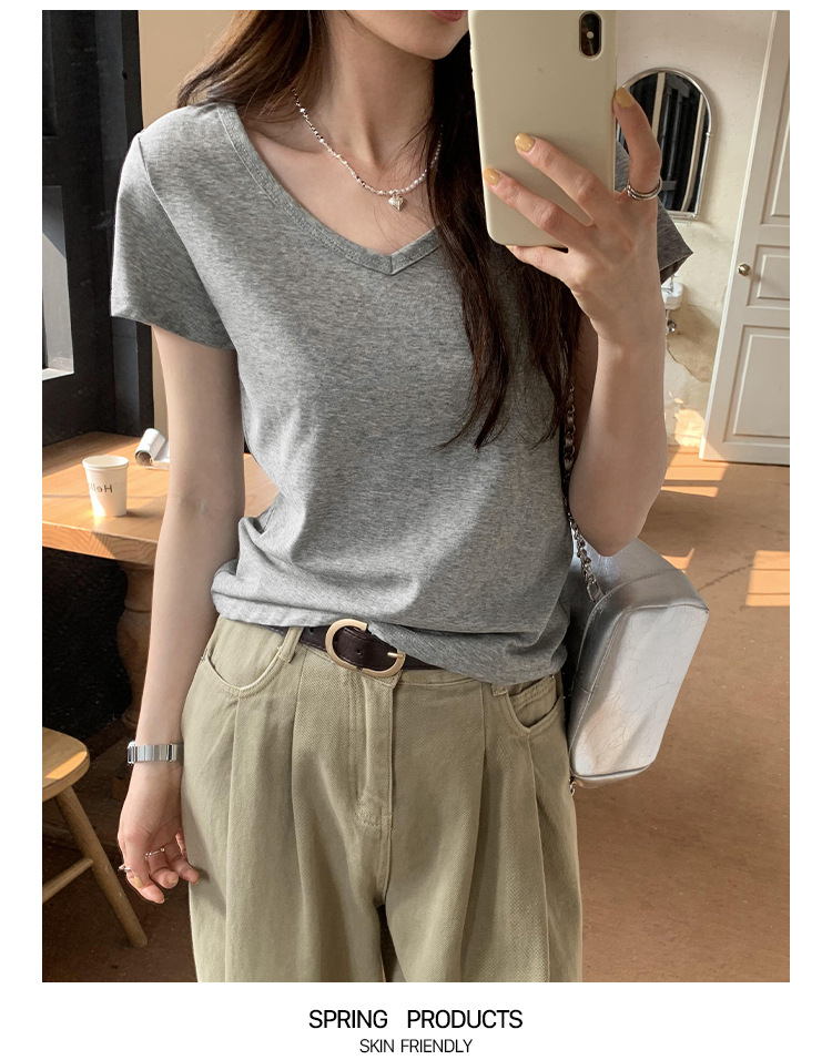 简约百搭V领纯色休闲短袖T恤女2024夏季新款轻薄透气宽松显瘦上衣详情14