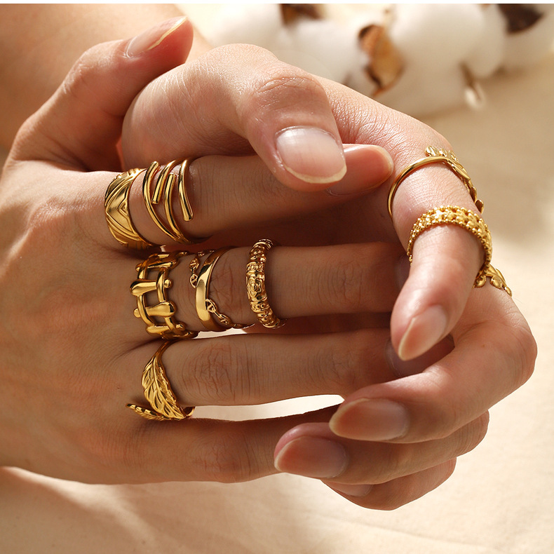 Cross-border simple ins style leaf geometric hollowed-out flower 18k gold-plated serpentine high-end multi-layer titanium steel ring for women pic 13