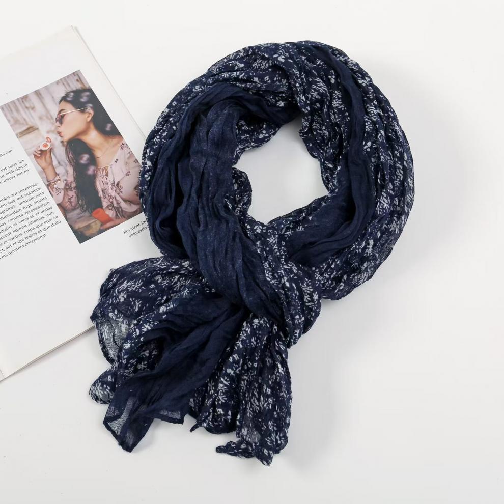 春秋麻花围巾褶皱简约百搭丝巾韩版外贸碎花披肩巴厘纱围巾女围脖详情8