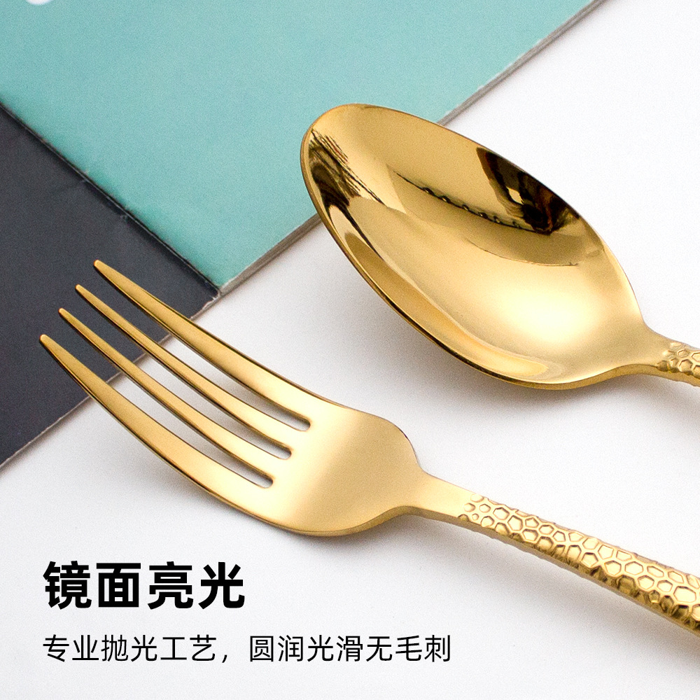 跨境加厚方柄锤纹不锈钢餐具刀叉勺高级感水立方餐厅家用西餐餐具详情6