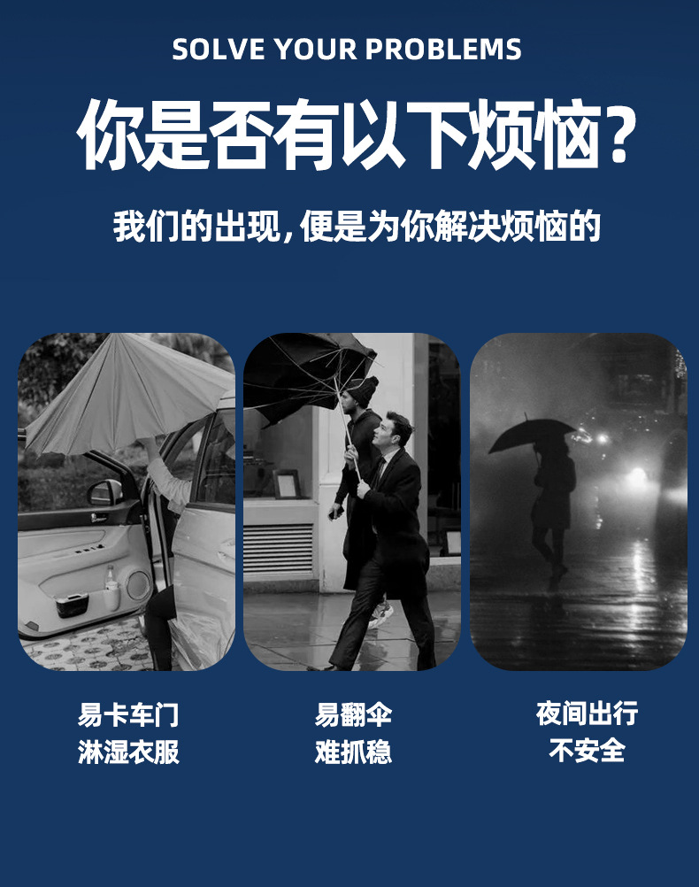 全自动10骨反向伞反光条加固防风遮阳防晒太阳伞户外折叠黑胶雨伞详情5