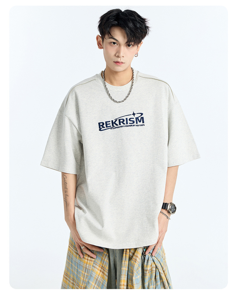 Heavy cotton short-sleeved T-shirt for men, Spring/Summer 2025, American letter print zipper design, loose and versatile base layer pic 20