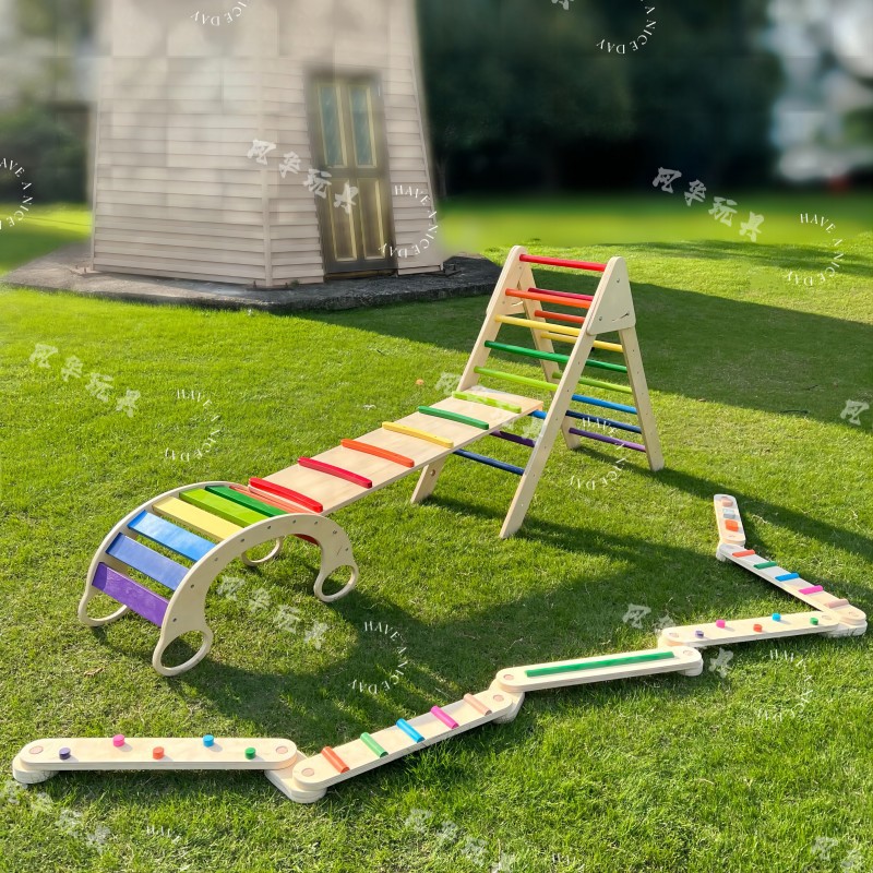 早教益智儿童木制多功能彩虹摇摇椅平衡板攀爬架互动玩具幼儿园详情8