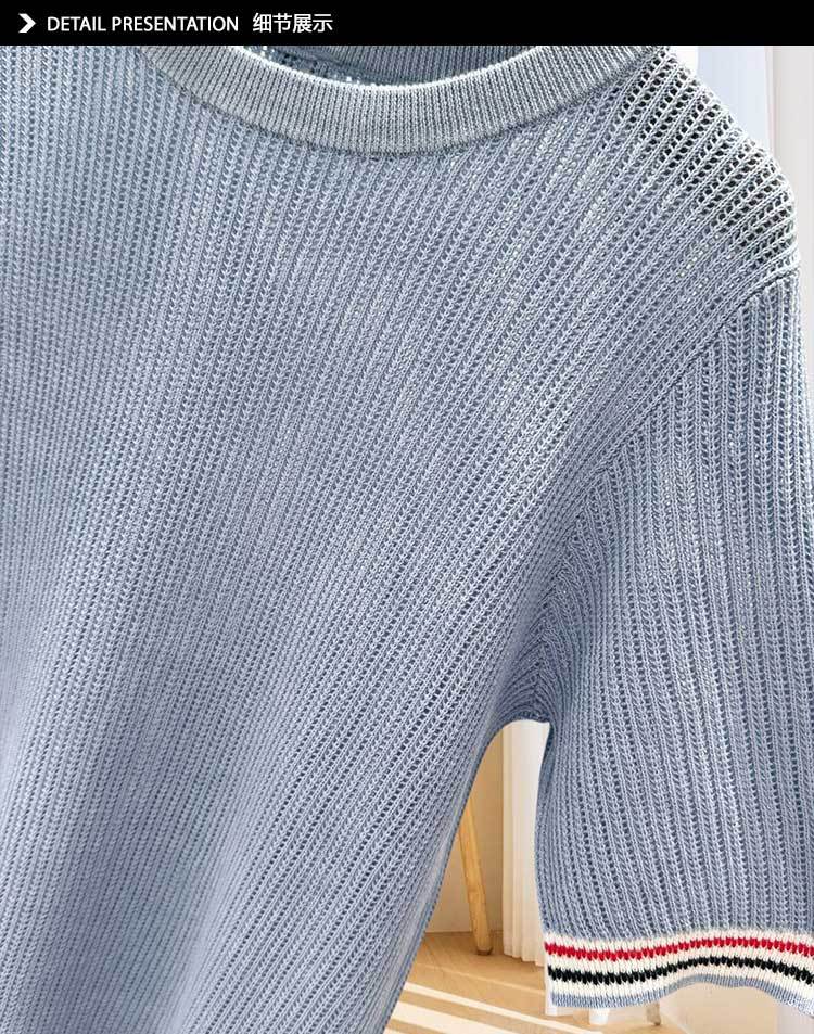 TB精品现货 减龄学院风舒适亲肤竖坑条镂空红蓝绢丝棉短袖针织衫详情12