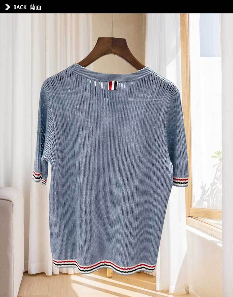 TB精品现货 减龄学院风舒适亲肤竖坑条镂空红蓝绢丝棉短袖针织衫详情11