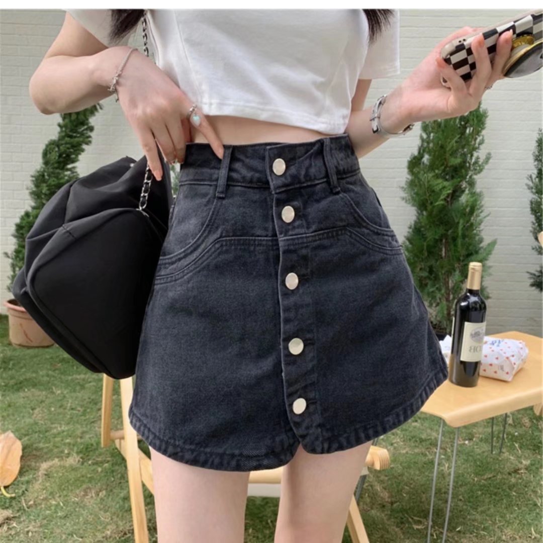 大码胖mm假两件裤裙显瘦半身短裤裙女夏季高腰牛仔短裙黑色a字裙详情4
