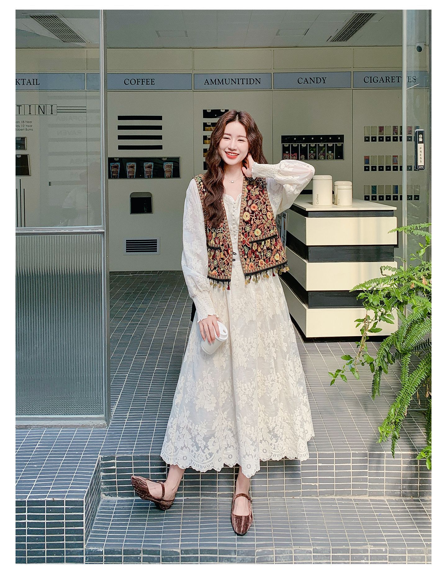 Real shot Bohemian fringed vest jacquard long dress two-piece set 2025 autumn collection lace patchwork V-neck dress pic 30