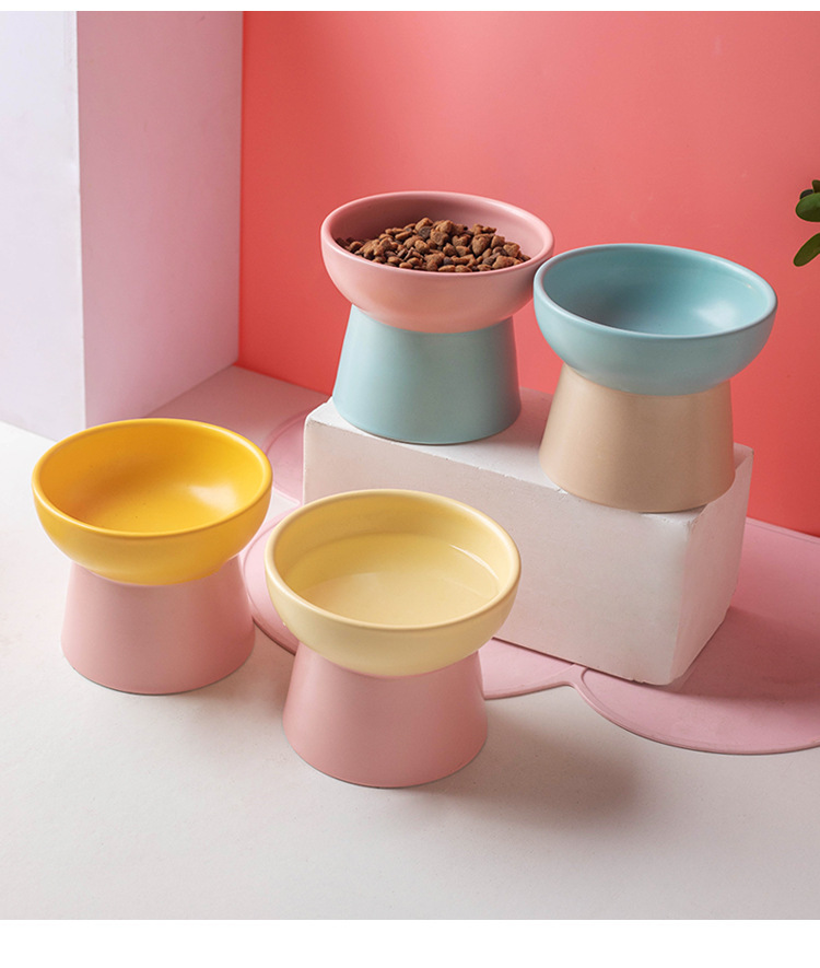 Wholesale of color-blocking ceramic cat bowls with high legs to protect the cervical vertebrae, cat food bowls, cat and dog basins, drinking bowls, and pet snack bowls pic 14