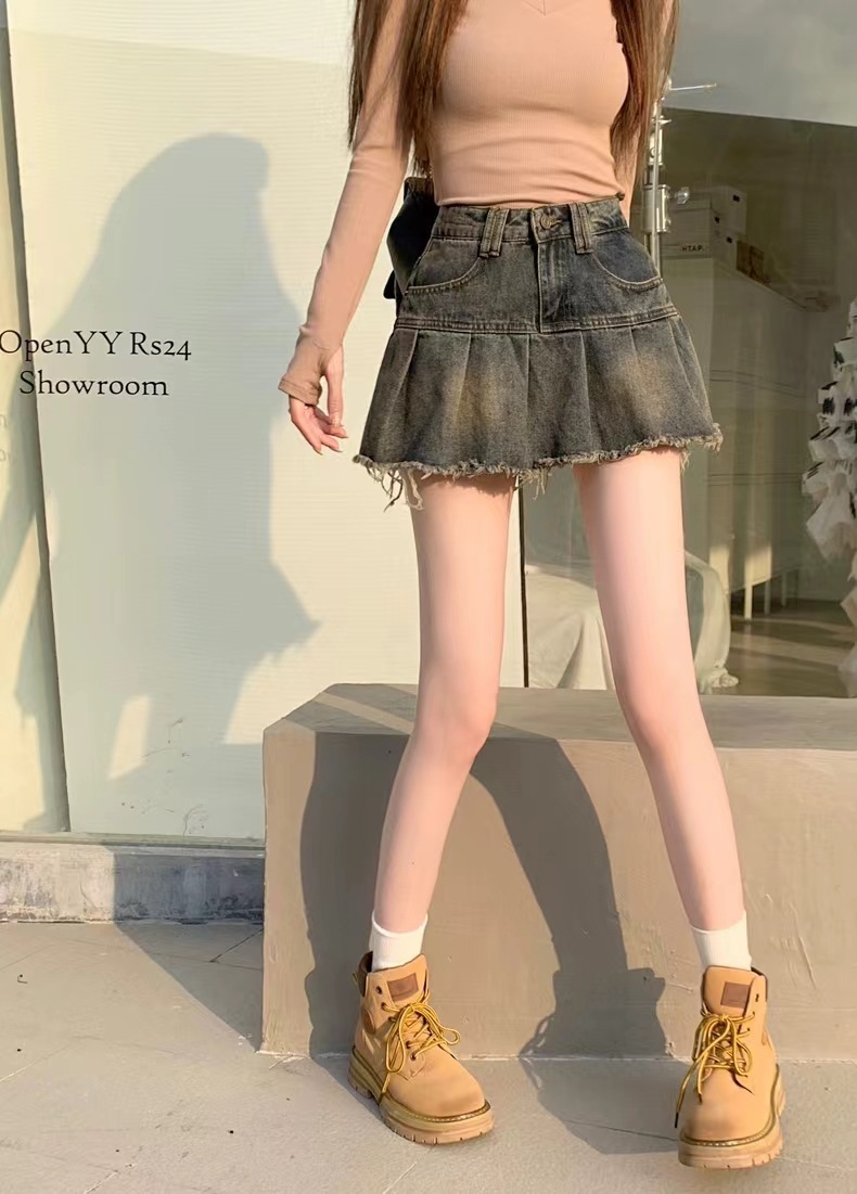 辣妹复古百褶牛仔半身裙女2024新款夏季高腰a字防走光包臀短裙子详情6